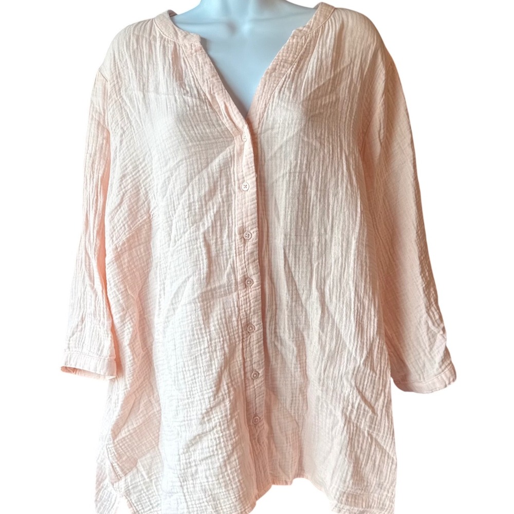 D & Co Beach Gauze Cotton Tunic Top Size XLarge Pink Button Front Boho